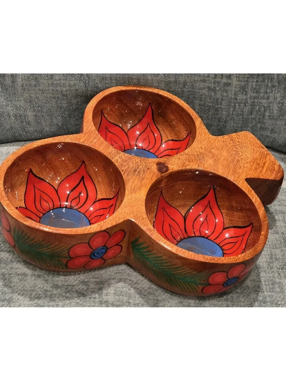 Vintage Hand Carved Mexican Wooden Divided Serving Dish 3 Bowl Floral Folk Art